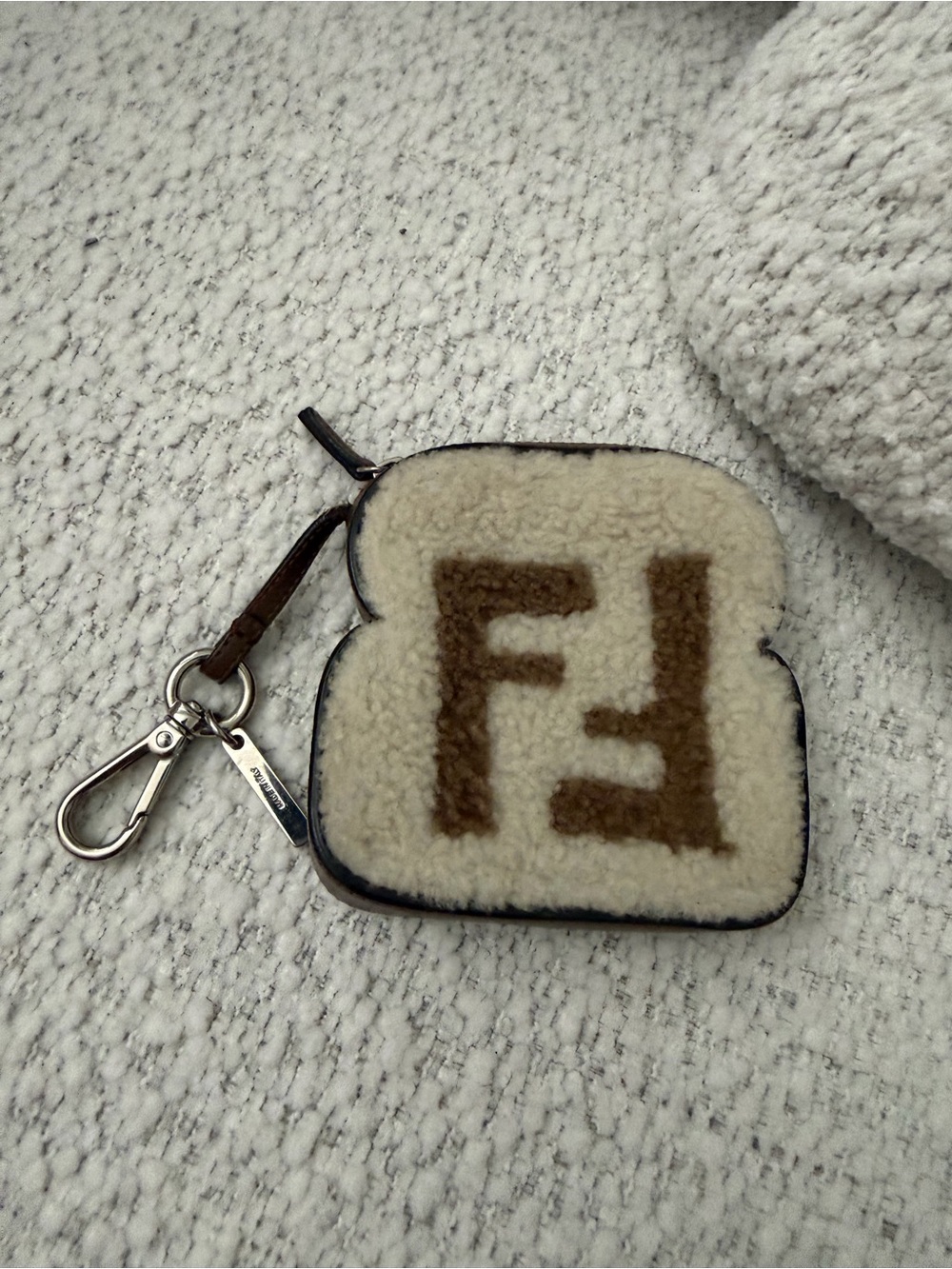 Fendi Cream Shearling Key & Card Pouch with Brown Logo